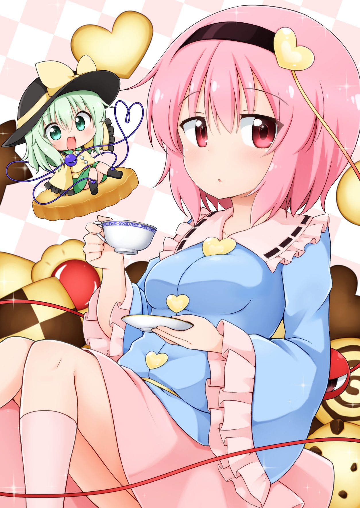 2girls :d :o arm_up bangs black_hairband black_hat blouse blue_blouse blush boots bow breasts checkerboard_cookie checkered checkered_background chibi commentary cookie cup eyeball eyebrows_visible_through_hair food frilled_shirt_collar frilled_sleeves frills green_eyes green_hair green_skirt hair_between_eyes hairband hat hat_bow hat_ribbon heart heart_of_string highres holding holding_plate impossible_clothes jam_cookie knee_boots kneehighs knees_up komeiji_koishi komeiji_satori long_sleeves looking_at_viewer medium_hair medium_skirt multiple_girls open_mouth outstretched_arm pink_background pink_eyes pink_hair pink_legwear pink_skirt plate ribbon ribbon-trimmed_collar ribbon_trim shiny shiny_hair shirt siblings side_glance sisters sitting sitting_on_food skirt sleeves_past_fingers small_breasts smile sparkle suwa_yasai teacup third_eye touhou white_background wide_sleeves yellow_bow yellow_ribbon yellow_shirt