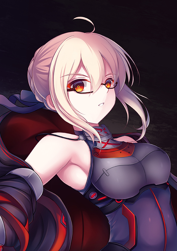 1girl ahoge armpits artoria_pendragon_(all) bangs bare_shoulders black-framed_eyewear black_ribbon blonde_hair breastplate breasts colored_eyelashes dark_background detached_sleeves euforia eyebrows_visible_through_hair fate/grand_order fate_(series) glasses hair_between_eyes hair_ribbon looking_at_viewer medium_breasts mysterious_heroine_x_(alter) parted_lips red_eyes ribbon semi-rimless_eyewear short_hair_with_long_locks sidelocks solo under-rim_eyewear upper_body