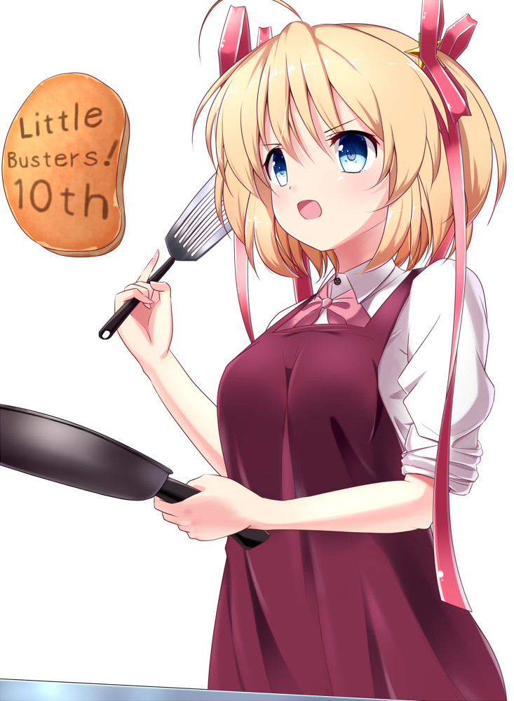 1girl :o ahoge anniversary apron blonde_hair blue_eyes bow copyright_name food frying_pan hair_bow kamikita_komari little_busters!! open_mouth pancake red_apron red_bow shirt short_hair simple_background solo spatula tagame_(tagamecat) upper_body white_background white_shirt