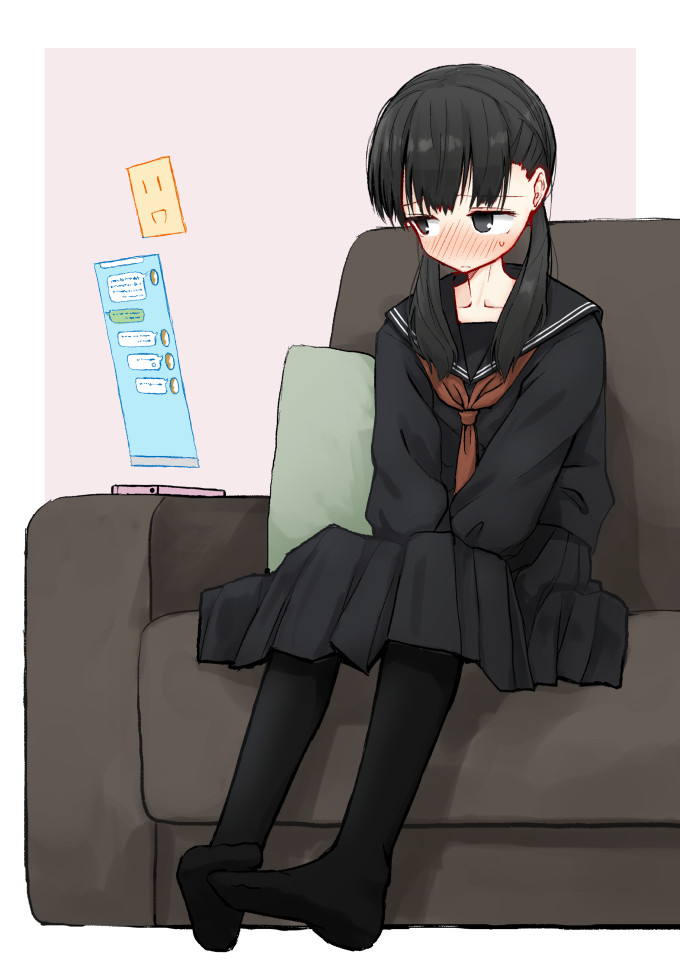 1girl black_eyes black_hair black_legwear black_serafuku black_shirt black_skirt blush brown_background brown_neckwear cellphone closed_mouth collarbone commentary_request couch holographic_interface long_sleeves low_twintails necktie no_shoes nose_blush on_couch original pantyhose phone pleated_skirt school_uniform serafuku shirt sitting skirt smartphone solo sweatdrop twintails two-tone_background usui_harusame white_background