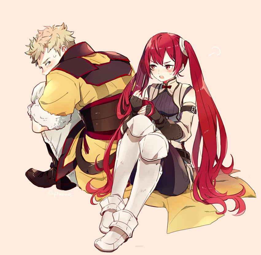 1boy 1girl blonde_hair eudes_(fire_emblem) fingerless_gloves fire_emblem fire_emblem:_kakusei fire_emblem_if gloves long_hair redhead selena_(fire_emblem) short_hair simple_background sitting smile spiky_hair thigh-highs twintails