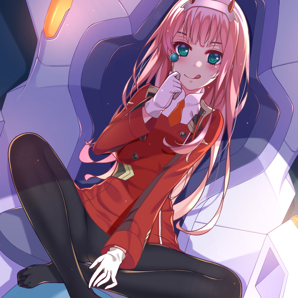 1girl :q bangs black_legwear candy closed_mouth commentary darling_in_the_franxx dress dutch_angle food full_body gloves green_eyes hair_ornament high_collar holding holding_food indian_style light_smile lollipop long_hair long_sleeves looking_at_viewer no_shoes pantyhose pink_hair rumeha_(aormsj22) short_dress sitting solo tongue tongue_out white_gloves zero_two_(darling_in_the_franxx)