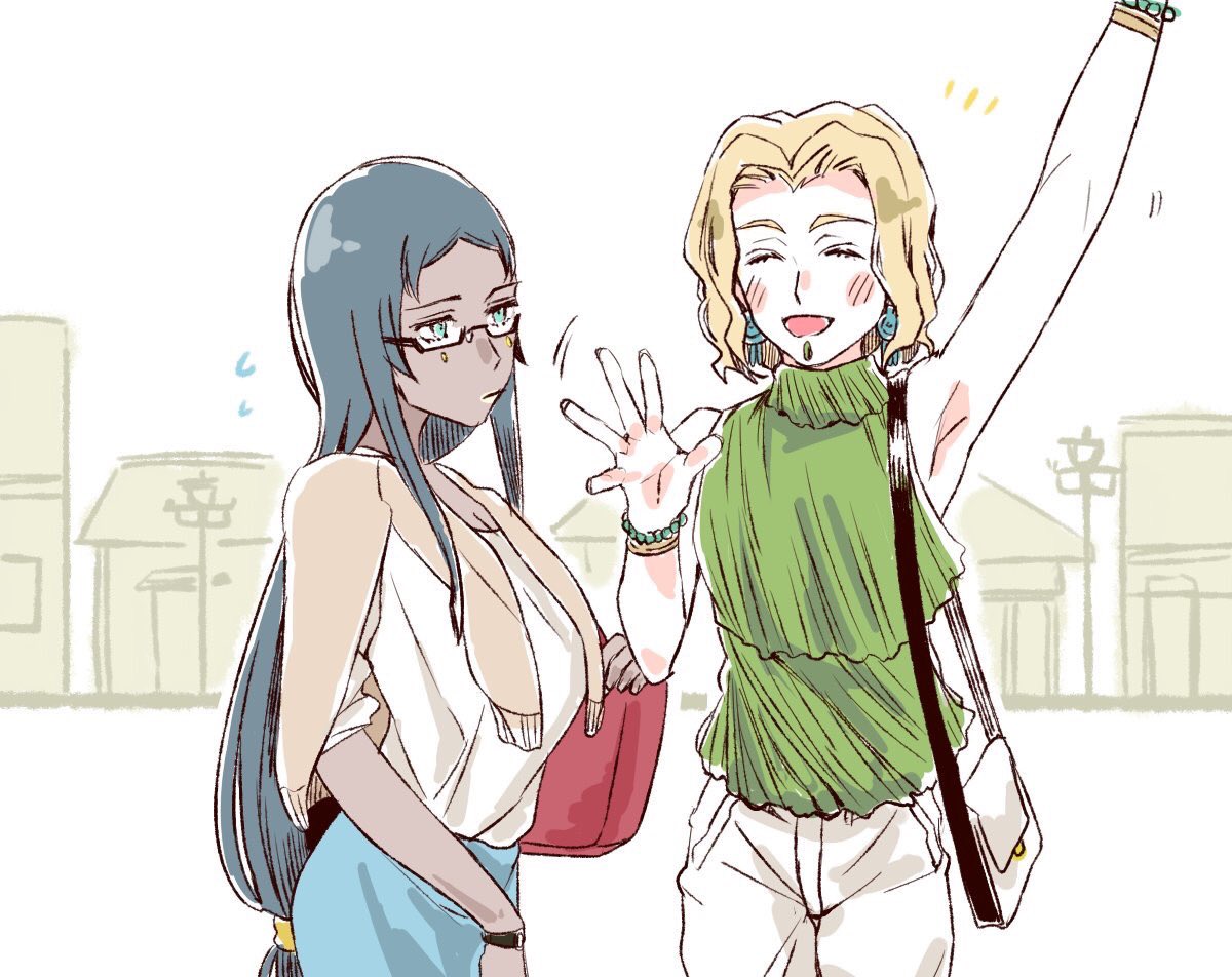 2girls alternate_costume alternate_hair_length alternate_hairstyle armpits bag bespectacled black_hair blonde_hair bracelet breasts building casual cleavage closed_eyes facial_mark facing_viewer fate/grand_order fate_(series) glasses green_eyes green_shirt illuso_illuso jewelry long_hair looking_at_another low-tied_long_hair multiple_girls quetzalcoatl_(fate/grand_order) scheherazade_(fate/grand_order) semi-rimless_eyewear shirt short_hair short_sleeves shoulder_bag sidelocks sleeveless sleeveless_shirt under-rim_eyewear very_long_hair waving