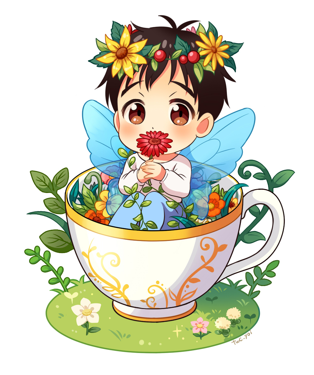 1boy black_hair brown_eyes child cup fairy_wings flower head_wreath in_container in_cup katsuki_yuuri male_focus plant sitting teacup twc_(p-towaco) twitter_username vines wings younger yuri!!!_on_ice