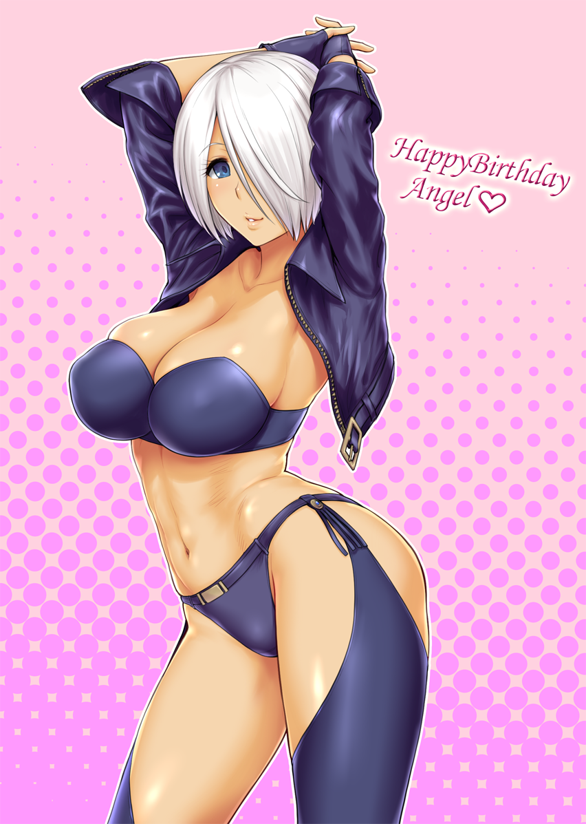 1girl abs angel_(kof) arms_up blue_eyes bra breasts chaps cleavage contrapposto cropped_jacket hair_over_one_eye happy_birthday jacket large_breasts lips midriff navel open_clothes open_jacket polka_dot polka_dot_background short_shorts shorts skindentation sleeves_pushed_up solo st.germain-sal strapless strapless_bra the_king_of_fighters underwear white_hair