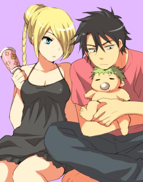 1girl 2boys baby baby_be'el beelzebub_(manga) black_dress black_eyes black_hair blonde_hair blue_eyes dress drooling green_hair hair_bun hair_over_one_eye harumi_chihiro hilda_(beelzebub) holding holding_baby indian_style long_hair looking_at_another multiple_boys nightgown oga_tatsumi pink_shirt saliva shirt sitting t-shirt