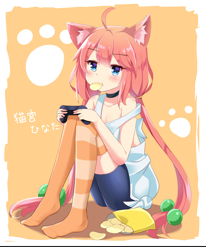 1girl :t agung_syaeful_anwar ahoge animal_ears bag_of_chips bangs bare_arms bare_shoulders bike_shorts black_choker black_shorts blue_eyes blush cat_ears chips choker closed_mouth collarbone commentary controller eyebrows_visible_through_hair food food_in_mouth full_body game_controller hair_between_eyes hair_bobbles hair_ornament hinata_channel holding long_hair low_twintails mismatched_legwear mouth_hold nekomiya_hinata no_shoes orange_legwear pink_hair potato_chips short_shorts shorts sidelocks sitting solo strap_slip striped striped_legwear tank_top thigh-highs translation_request twintails very_long_hair white_tank_top