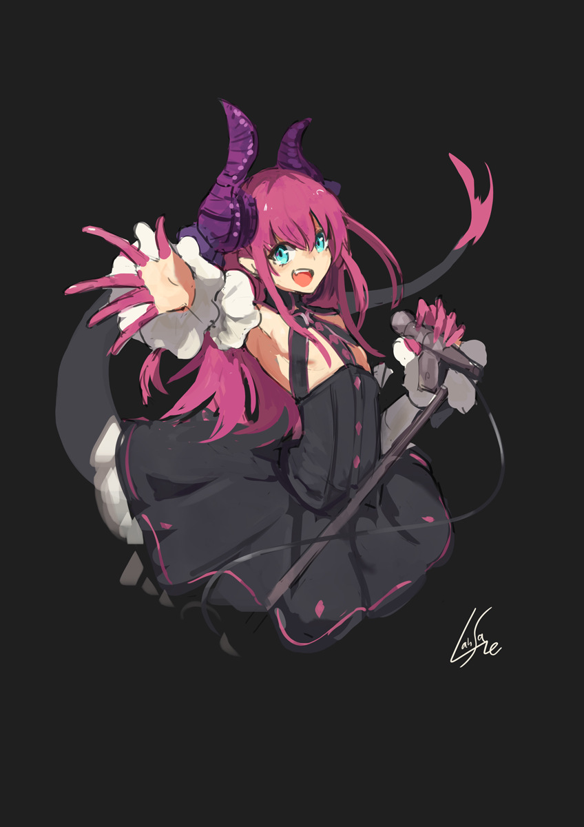 1girl :d artist_name black_background black_dress blue_eyes blush dress elizabeth_bathory_(fate) elizabeth_bathory_(fate)_(all) fate/grand_order fate_(series) flat_chest hair_between_eyes highres holding horns lansane looking_at_viewer microphone open_mouth outstretched_arm signature simple_background smile solo tail
