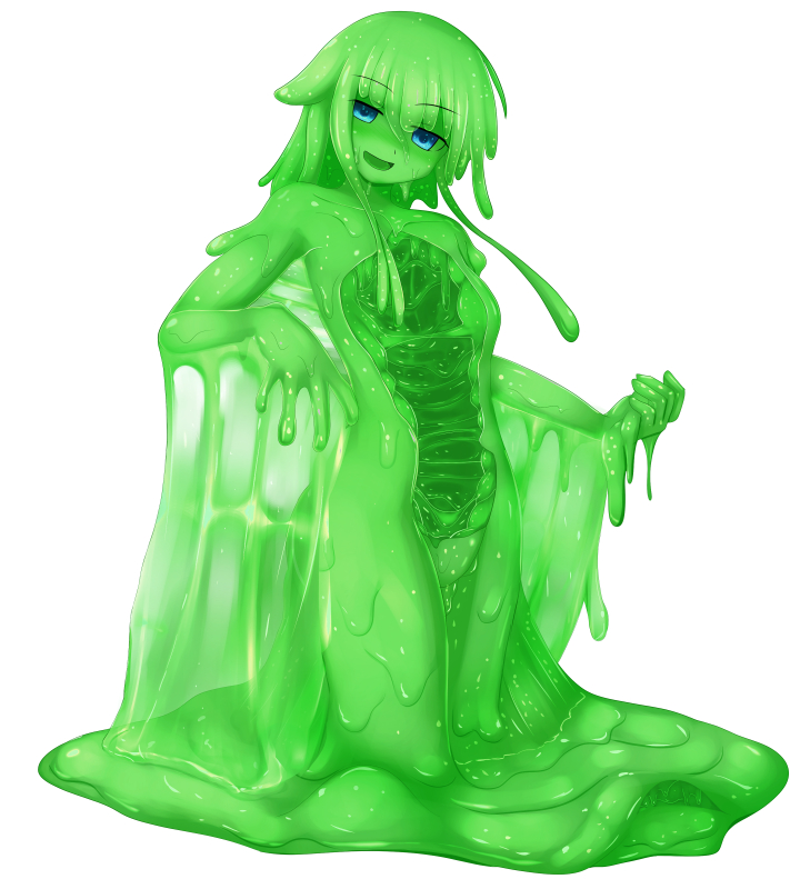 1girl :d blue_eyes eyebrows_visible_through_hair full_body goo_girl green_hair green_sclera green_skin looking_at_viewer melting monster_girl nude open_mouth original rethnick shaded_face simple_background smile solo tentacle_hair wet white_background