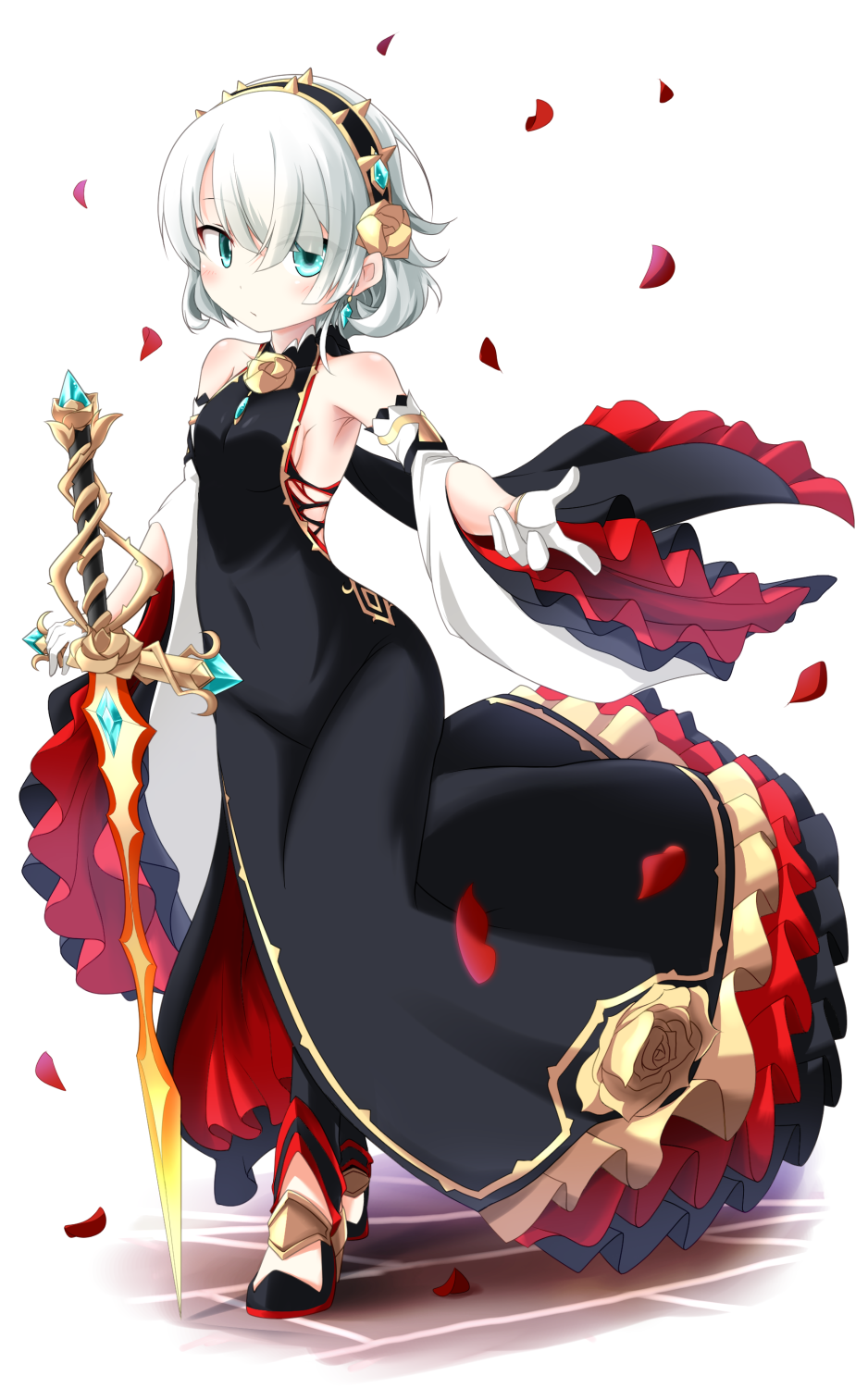 1girl aqua_eyes bare_shoulders black_dress breasts character_request covered_navel dress earrings flower full_body gloves hair_flower hair_ornament hairband highres jewelry lolitan looking_at_viewer outstretched_hand petals shironeko_project short_hair small_breasts solo standing sword weapon white_gloves