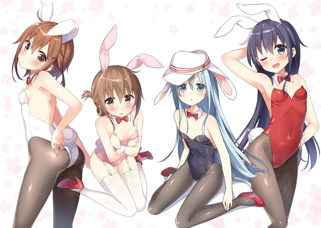 4girls akatsuki_(kantai_collection) animal_ears ass blush bunny_girl bunnysuit hibiki_(kantai_collection) ikazuchi_(kantai_collection) inazuma_(kantai_collection) kantai_collection looking_at_viewer masuishi_kinoto multiple_girls rabbit_ears