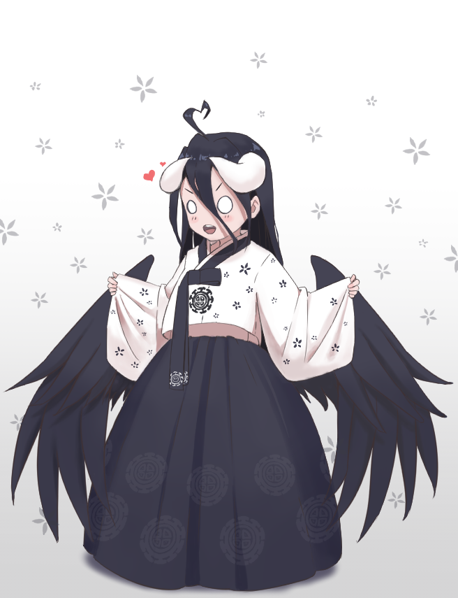 1girl albedo black_hair black_wings chibi demon_girl demon_horns demon_wings dress feathers hair_between_eyes hanbok horns kangth9082 korean_clothes long_hair open_mouth overlord_(maruyama) simple_background smile solo wings