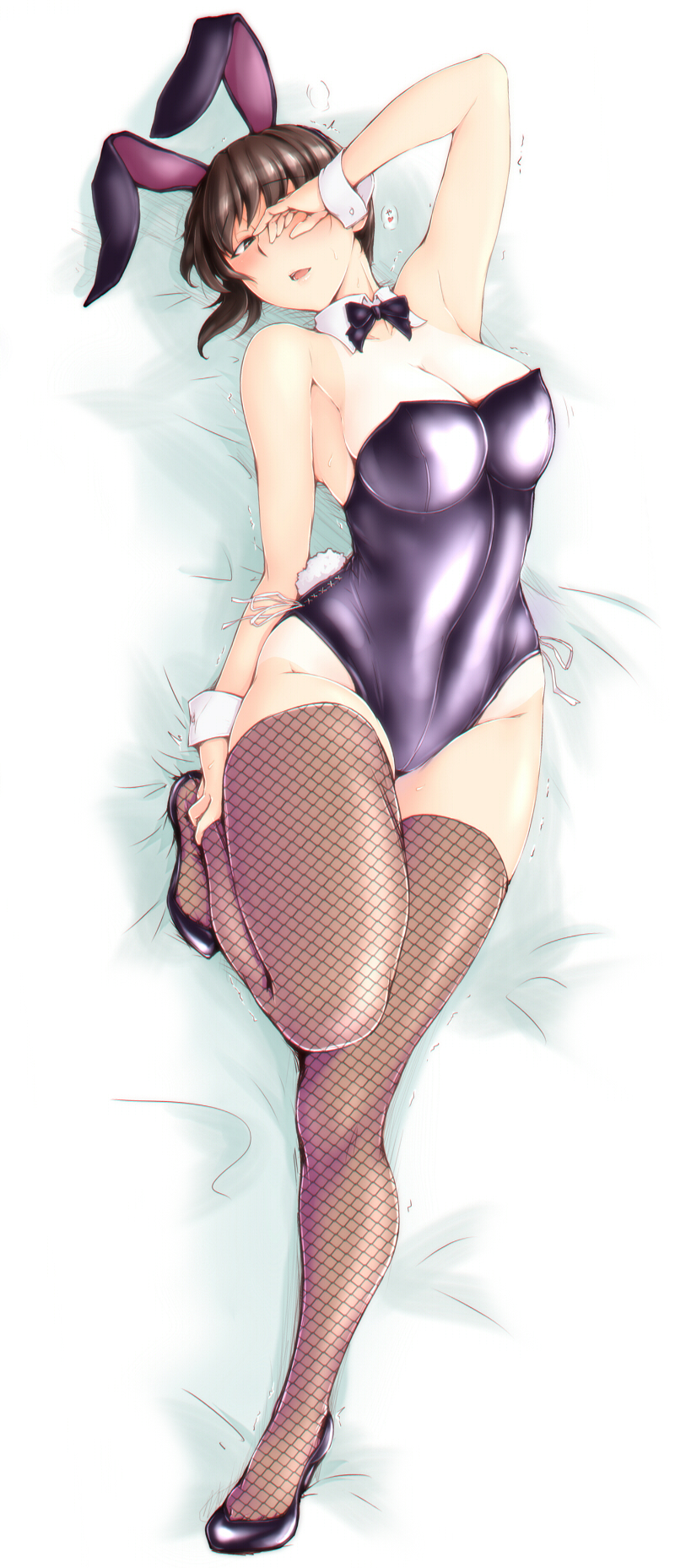 1girl amagami animal_ears bare_shoulders black_eyes black_hair blush bow bowtie breasts bunny_girl bunny_tail bunnysuit cleavage covered_navel detached_collar fake_animal_ears fishnet_legwear fishnets hand_on_own_face high_heels highres large_breasts leotard long_hair looking_at_viewer one-piece_tan open_mouth ponytail rabbit_ears sasaki_akira_(ugc) simple_background solo strapless strapless_leotard tail tan tanline thigh-highs tsukahara_hibiki wrist_cuffs