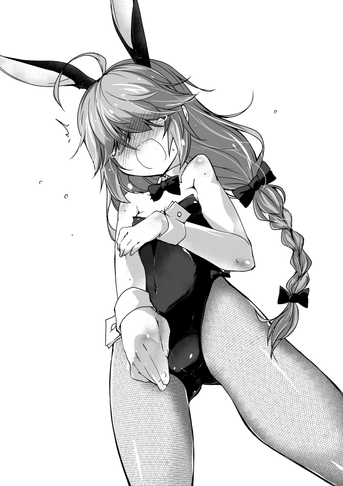 1girl animal_ears bare_shoulders bow bowtie braid breasts bunnysuit detached_collar fake_animal_ears fishnet_pantyhose fishnets hair_over_eyes hair_ribbon hamanami_(kantai_collection) isshitaira kantai_collection leotard long_hair monochrome pantyhose rabbit_ears ribbon single_braid small_breasts solo strapless strapless_leotard wrist_cuffs