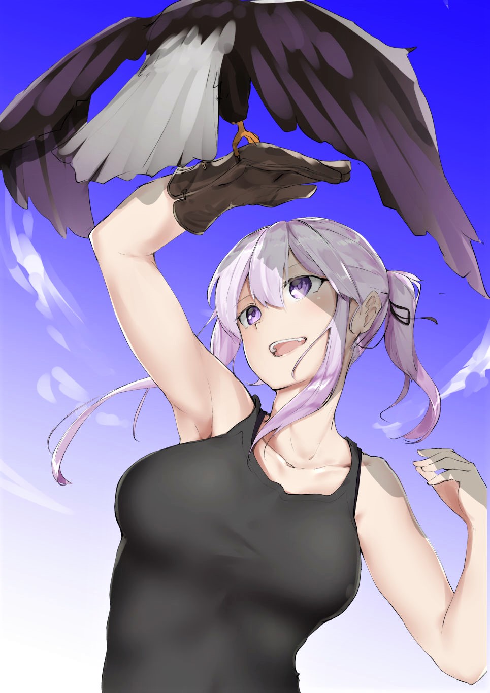 1girl :d alternate_costume animal arm_up armpits azur_lane bald_eagle bangs bird black_ribbon blue_sky breasts brown_gloves clouds collarbone day eagle enterprise_(azur_lane) gloves hair_ribbon highres large_breasts long_hair looking_up open_mouth outdoors pirapirapirapira ponytail ribbon shiny shiny_hair sidelocks silver_hair sky sleeveless smile solo talons tank_top upper_body upper_teeth