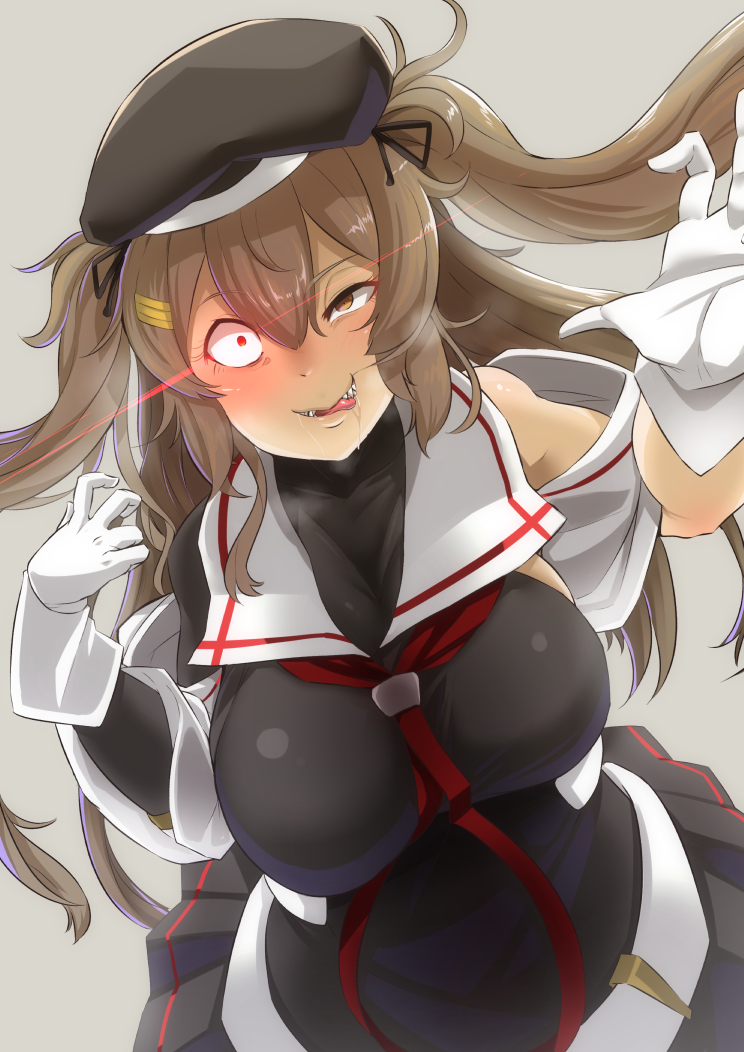 1girl beret blonde_hair breasts brown_eyes crazy_eyes drooling gloves hair_ornament hat heterochromia kantai_collection large_breasts murasame_(kantai_collection) ninja_slayer red_eyes remodel_(kantai_collection) ryuun_(stiil) saliva sharp_teeth teeth tongue tongue_out twintails