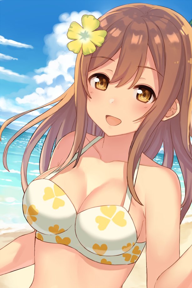 1girl :d bare_arms bare_shoulders beach bikini blue_sky blush breasts brown_eyes brown_hair cleavage clouds collarbone day dutch_angle eyebrows_visible_through_hair flower hair_flower hair_ornament hajime_kaname kunikida_hanamaru long_hair looking_at_viewer love_live! love_live!_sunshine!! medium_breasts ocean open_mouth print_bikini shiny shiny_hair shore sky smile solo swimsuit upper_body water white_bikini