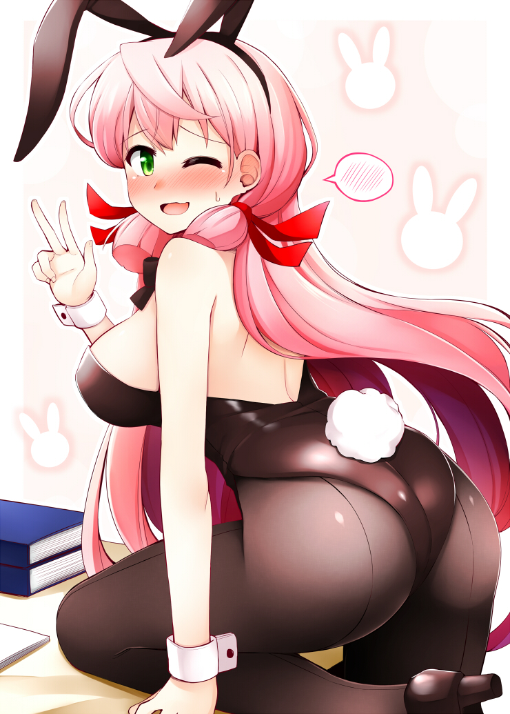 1girl ;d akashi_(kantai_collection) alternate_costume animal_ears ass back-seamed_legwear bangs black_legwear black_leotard blush book book_stack breasts bunny_background bunny_tail bunnysuit embarrassed eyebrows_visible_through_hair fake_animal_ears fake_tail from_side green_eyes hair_ribbon hairband high_heels kantai_collection lace large_breasts leaning_forward leg_up leotard long_hair looking_at_viewer looking_to_the_side nose_blush one_eye_closed open_mouth pantyhose pink_background pink_hair rabbit_ears raised_eyebrows red_ribbon ribbon rui_shi_(rayze_ray) seamed_legwear shiny shiny_clothes shoes sideboob smile solo speech_bubble spoken_blush standing standing_on_one_leg tail tress_ribbon v very_long_hair wrist_cuffs