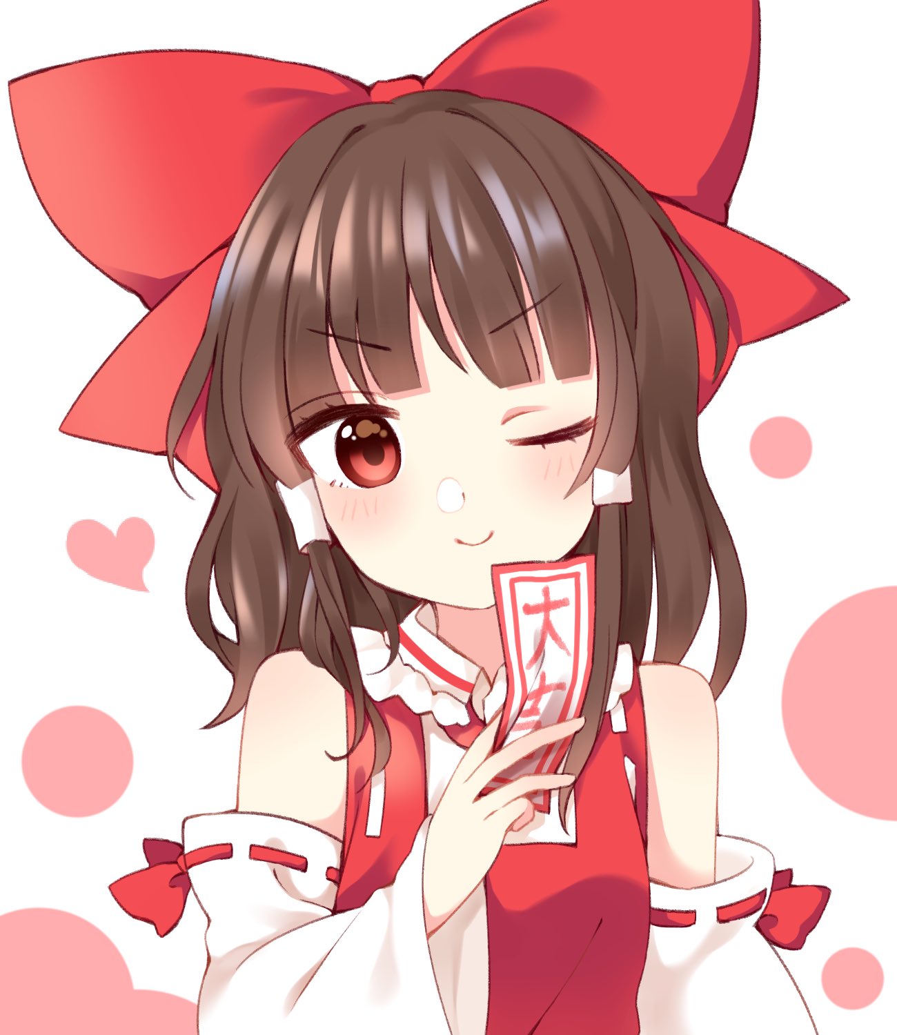 1girl ;) bangs bare_shoulders blouse blunt_bangs blush bow brown_hair commentary detached_sleeves frilled_shirt_collar frills hair_bow hair_tubes hakurei_reimu head_tilt heart highres large_bow looking_at_viewer ofuda one_eye_closed red_eyes smile solo touhou v-shaped_eyebrows yururi_nano