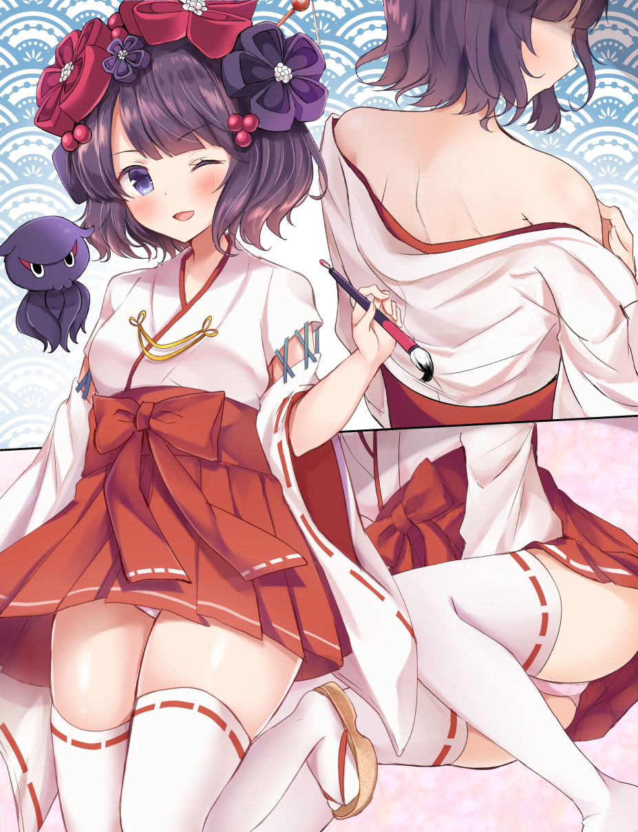 1girl ;d alternate_costume bangs bare_shoulders blush calligraphy_brush commentary_request detached_sleeves eyebrows_visible_through_hair fate/grand_order fate_(series) flower hair_flower hair_ornament hair_stick hakama highres japanese_clothes katsushika_hokusai_(fate/grand_order) looking_at_viewer masayo_(gin_no_ame) miko octopus off_shoulder one_eye_closed open_mouth paintbrush panties pantyshot pink_panties red_hakama ribbon-trimmed_legwear ribbon_trim short_hair skirt smile solo thigh-highs underwear white_legwear wide_sleeves zettai_ryouiki