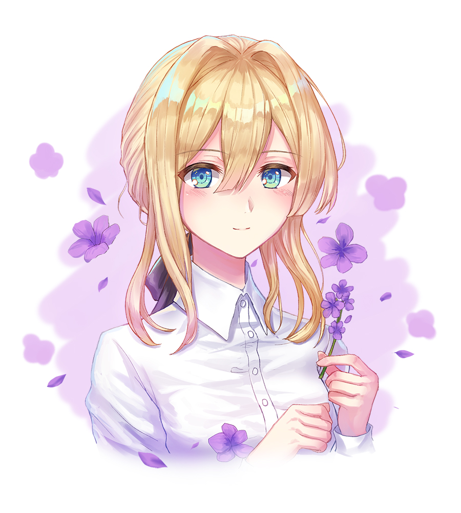 1girl black_ribbon blonde_hair blue_eyes blush closed_mouth collared_shirt eyebrows_visible_through_hair flower hair_ribbon holding holding_flower looking_at_viewer medium_hair ribbon seungju_lee shirt smile solo upper_body violet_evergarden violet_evergarden_(character)