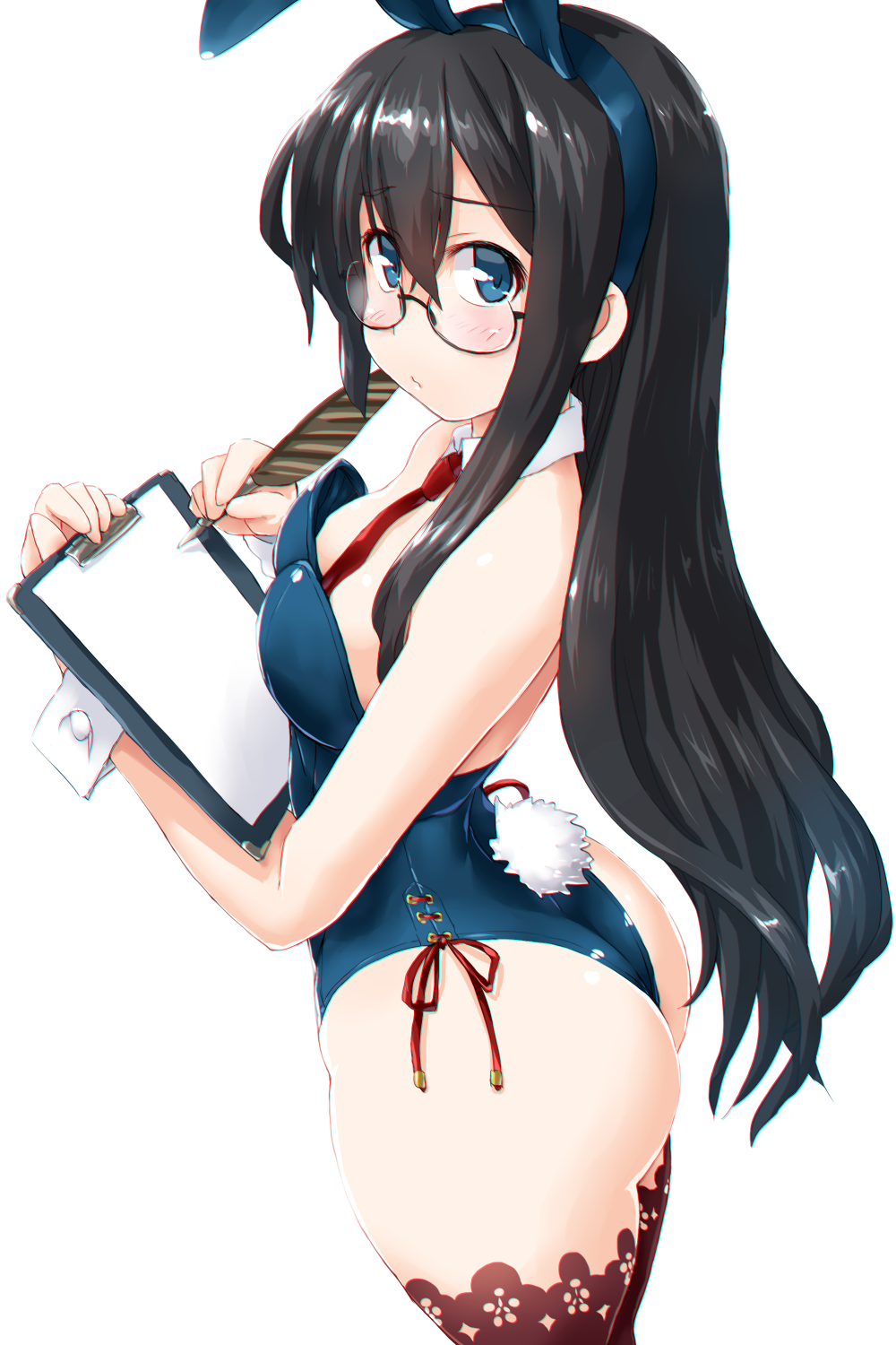 1girl animal_ears ass bangs bare_shoulders between_breasts black_hair blue_eyes blush breasts brown_legwear bunny_girl bunny_tail bunnysuit cleavage clipboard dd_(ijigendd) detached_collar eyebrows_visible_through_hair fake_animal_ears glasses hair_between_eyes highres kantai_collection leotard long_hair looking_at_viewer necktie necktie_between_breasts ooyodo_(kantai_collection) quill rabbit_ears semi-rimless_eyewear side-tie_leotard simple_background small_breasts solo standing tail thigh-highs white_background wrist_cuffs