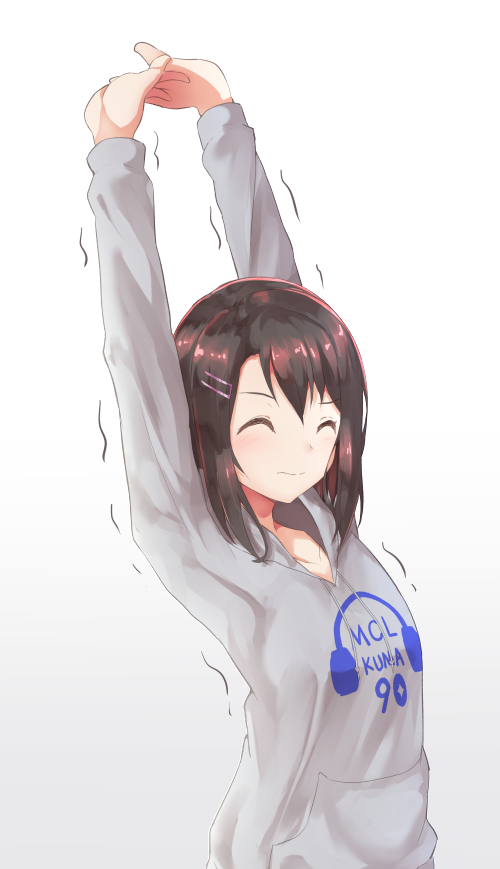 1girl arms_up bang_dream! blush brown_hair closed_eyes closed_mouth clothes_writing commentary gradient gradient_background grey_background grey_sweater hair_ornament hairclip motion_lines nenosame okusawa_misaki own_hands_together pocket shiny shiny_hair short_hair smile solo stretch trembling upper_body