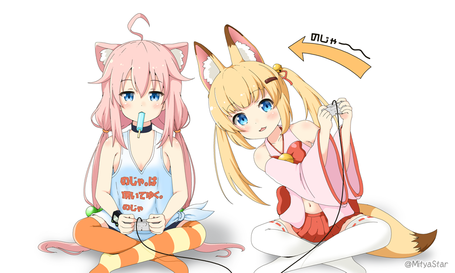 2girls :3 ahoge animal_ears asymmetrical_legwear bare_arms bare_shoulders blue_eyes blush butterfly_sitting cat_ears choker clothes_writing commentary_request controller detached_sleeves food food_in_mouth fox_ears fox_tail game_controller hair_bobbles hair_ornament hairclip hakama_skirt hinata_channel kemomimi_vr_channel leaning_over long_hair looking_at_viewer low_twintails midriff miicha mikoko_(kemomimi_vr_channel) mouth_hold multiple_girls navel nekomiya_hinata nontraditional_miko over-kneehighs parted_lips pink_hair popsicle red_skirt ribbon-trimmed_legwear ribbon_trim shadow simple_background skirt striped striped_legwear tail tank_top thigh-highs twintails twitter_username two_side_up virtual_youtuber watch watch white_background white_legwear wide_sleeves