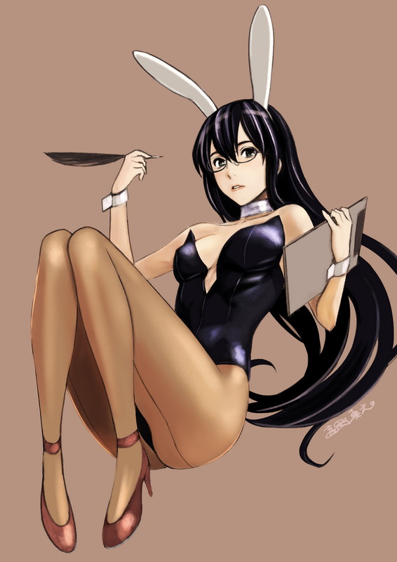 1girl animal_ears bare_shoulders black-framed_eyewear black_hair black_leotard blue_eyes breasts brown_background brown_legwear bunny_girl bunny_tail bunnysuit choker clipboard detached_collar feathers glasses high_heels kantai_collection leotard long_hair ooyodo_(kantai_collection) pantyhose pen rabbit_ears small small_breasts solo strapless strapless_leotard tail takano_masayuki wrist_cuffs