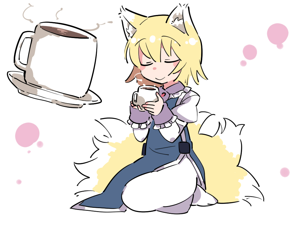 1girl animal_ears blonde_hair closed_eyes commentary_request cup fox_ears fox_tail hammer_(sunset_beach) mug multiple_tails seiza short_hair sitting smile solo steam tabard tail touhou yakumo_ran