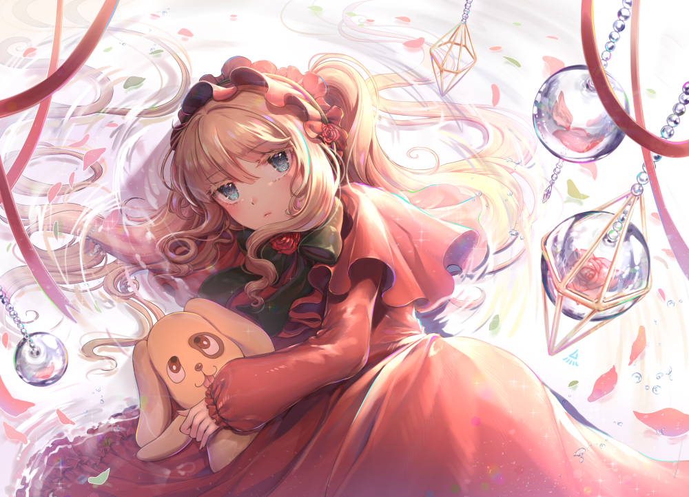 1girl blonde_hair blue_eyes blush bonnet closed_mouth eyebrows_visible_through_hair holding holding_stuffed_animal long_hair looking_at_viewer lying on_side ozzingo rozen_maiden shinku solo stuffed_animal stuffed_dog stuffed_toy