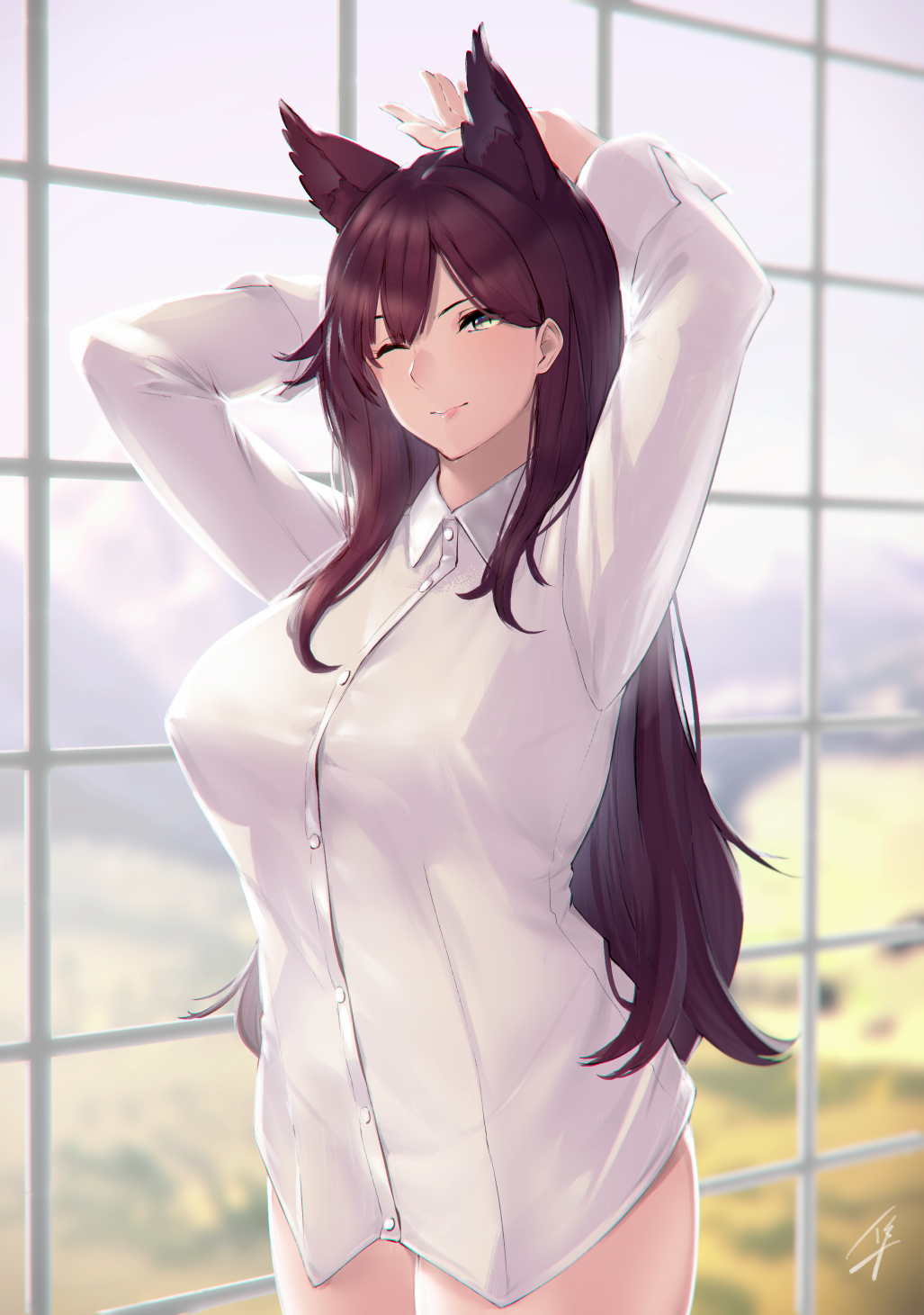 1girl ;) arms_up atago_(azur_lane) azur_lane bangs blurry blurry_background blush breasts brown_hair closed_mouth collared_shirt cowboy_shot day depth_of_field dress_shirt hayabusa highres indoors large_breasts lips long_hair long_sleeves looking_at_viewer no_pants one_eye_closed see-through_silhouette shirt signature smile solo standing straight_hair very_long_hair white_shirt window wing_collar yellow_eyes