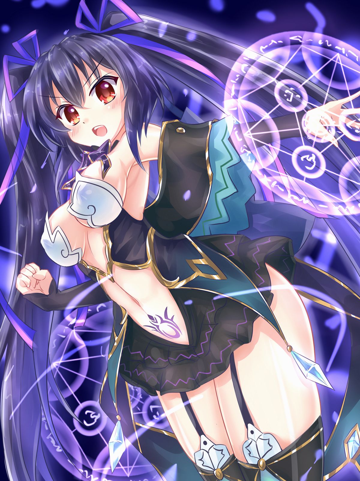 1girl bare_shoulders black_hair blush breasts cleavage clenched_hand commentary_request cowboy_shot detached_collar detached_sleeves from_side garter_straps hair_ribbon highres kazuneko_(wktk1024) leaning_forward long_hair looking_at_viewer magic_circle medium_breasts navel navel_cutout nepnep_connect:_chaos_chanpuru neptune_(series) noire open_mouth pubic_tattoo red_eyes revealing_clothes ribbon solo tattoo thigh-highs thighs upper_teeth very_long_hair