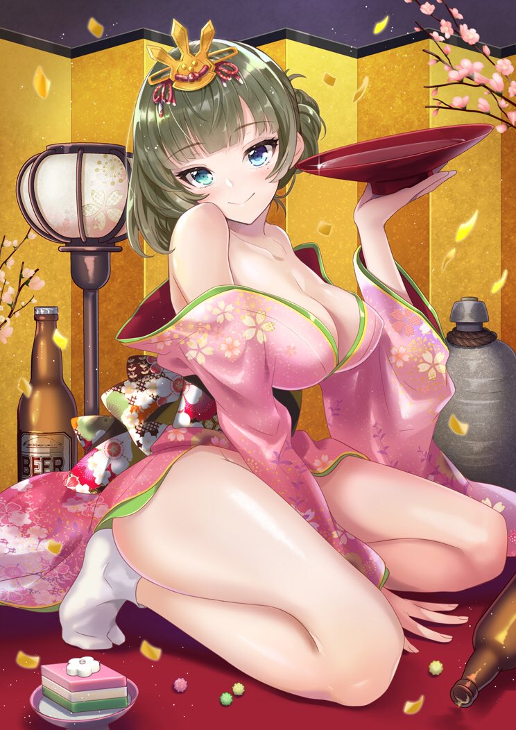 1girl alcohol arm_support azuki_yui bangs bare_shoulders beer_bottle blue_eyes blush bottle breasts brown_hair collarbone confetti cup eyebrows_visible_through_hair floral_print green_eyes hair_ornament head_tilt heterochromia hinamatsuri hips idolmaster idolmaster_cinderella_girls japanese_clothes kimono kneeling large_breasts legs looking_at_viewer mole mole_under_eye off_shoulder pink_kimono sakazuki sake sake_bottle sash short_hair smile socks solo takagaki_kaede thighs tied_hair wide_sleeves