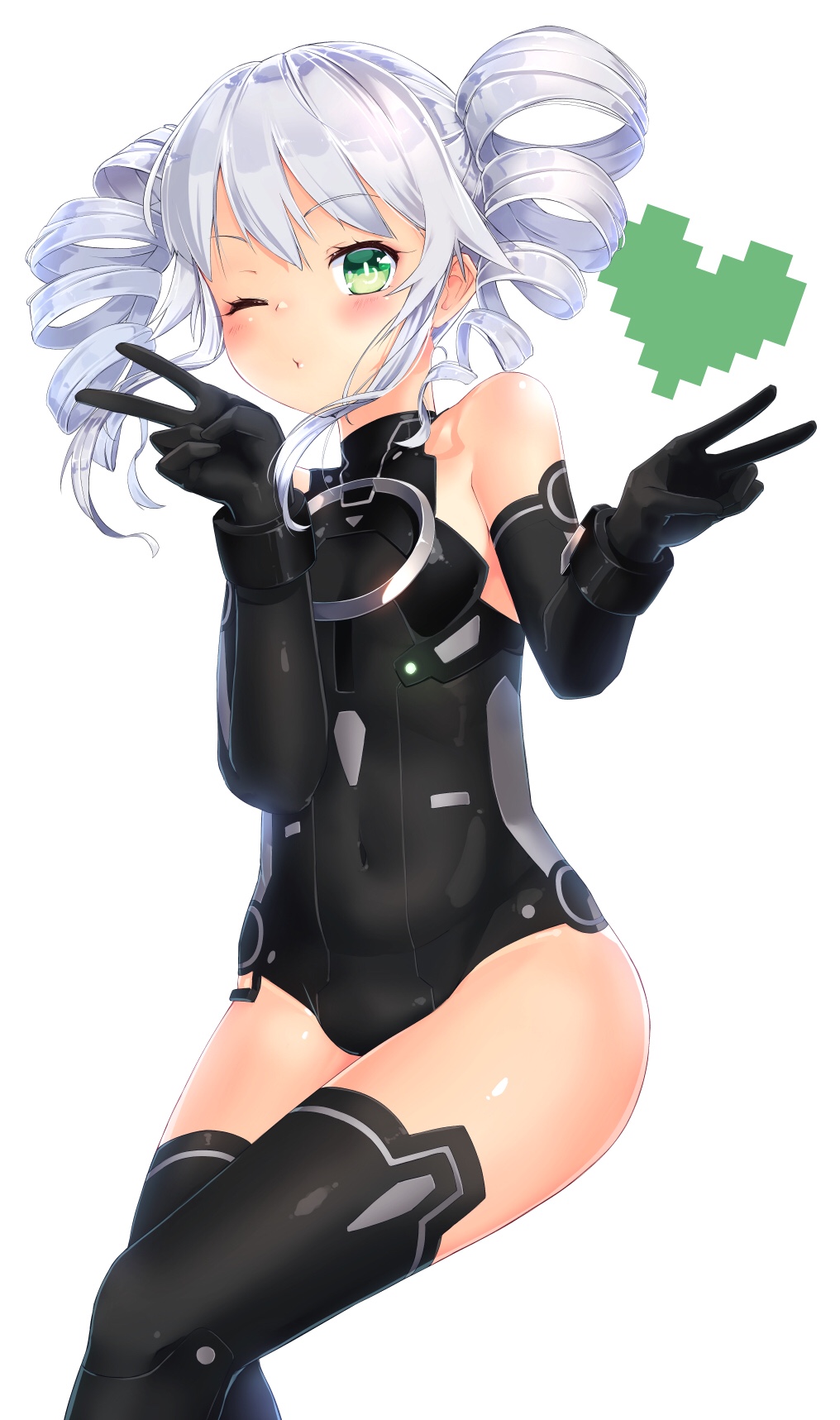 1girl black_sister blush breasts drill_hair elbow_gloves gloves green_eyes heart highres hitogata_ningen long_hair looking_at_viewer neptune_(series) one_eye_closed open_mouth smile solo symbol-shaped_pupils thigh-highs twin_drills v white_hair