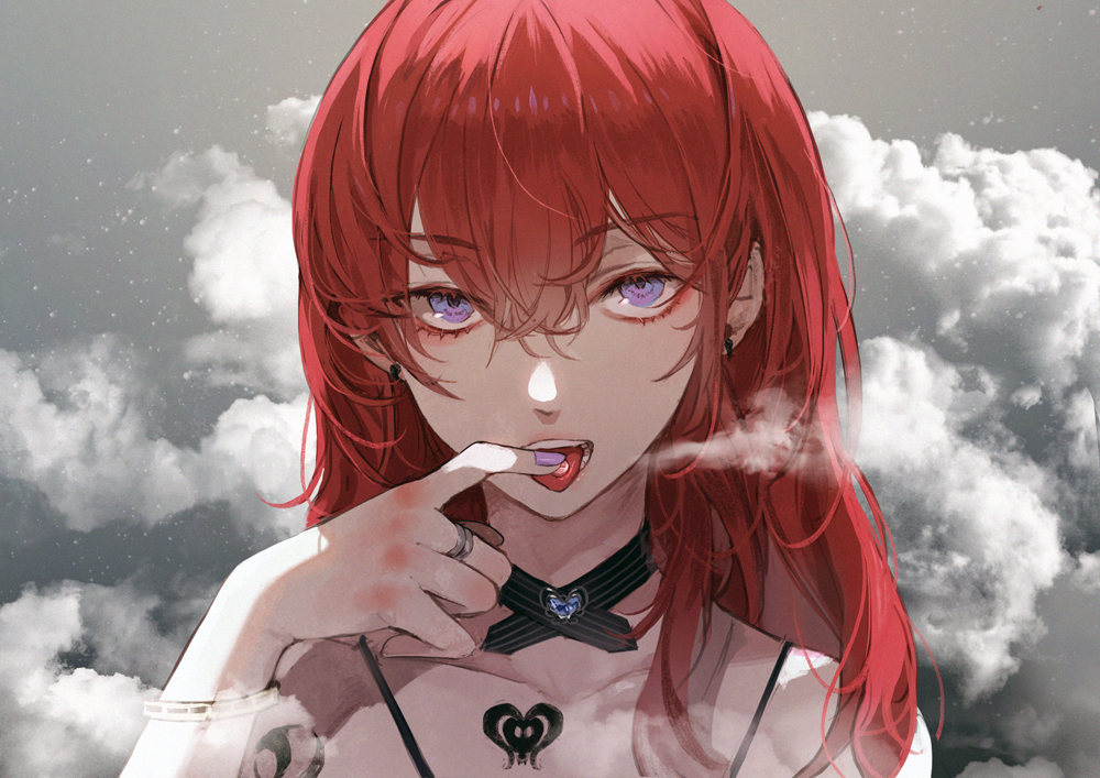 1girl bangs bracelet choker collarbone earrings eyebrows_visible_through_hair fingernails gradient gradient_background hair_between_eyes jewelry kim_eb long_hair looking_at_viewer nail_polish original redhead ring smoke solo tattoo tongue tongue_out upper_body violet_eyes