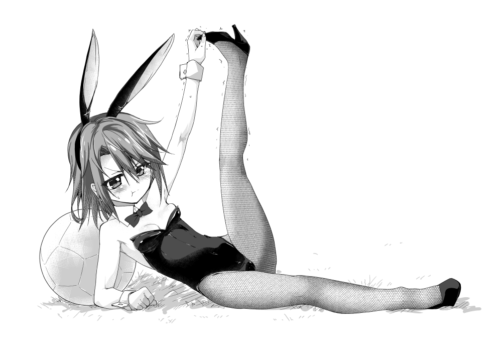 1girl :t animal_ears arm_support arm_up ball bare_shoulders blush bow bowtie breasts bunnysuit cleavage closed_mouth covered_navel detached_collar eyebrows_visible_through_hair full_body grass greyscale high_heels idolmaster idolmaster_cinderella_girls isshitaira leg_up leotard looking_at_viewer lying monochrome motion_lines on_back on_grass pantyhose pout rabbit_ears shiny shiny_hair short_hair simple_background small_breasts soccer_ball solo strapless strapless_leotard stretch sweatdrop trembling v-shaped_eyebrows white_background yuuki_haru