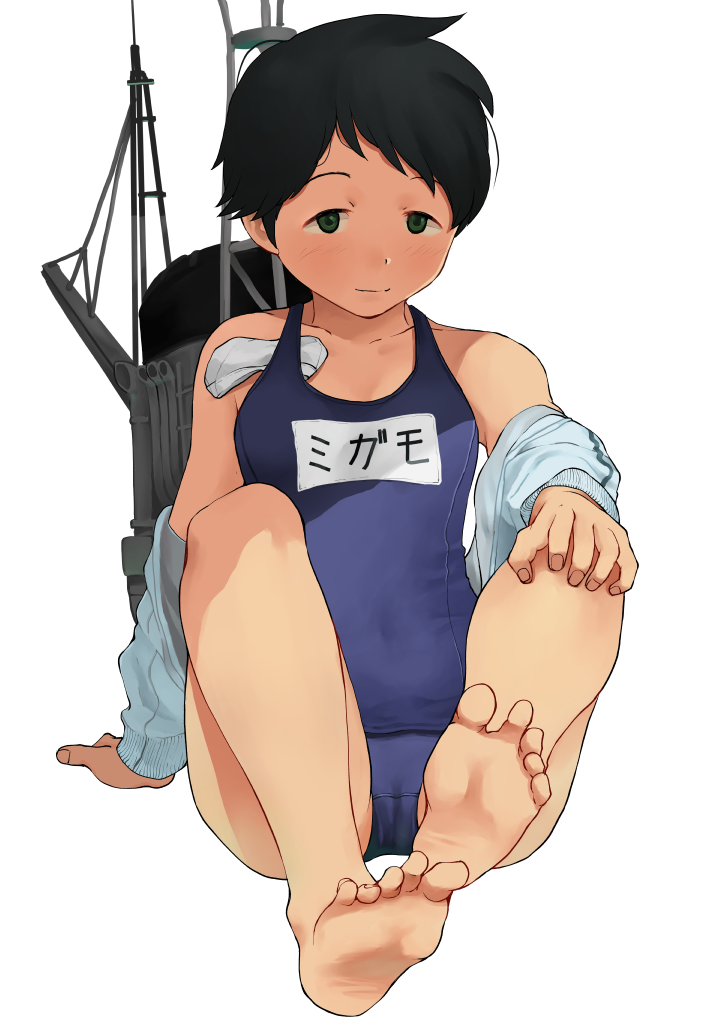 1girl barefoot black_eyes black_hair blue_swimsuit full_body in_swimsuit jacket kantai_collection looking_at_viewer machinery mogami_(kantai_collection) name_tag school_swimsuit shade simple_background sitting smile smokestack solo sunlight swim_cap_removed swimsuit tooku_nomura_(artist) white_background white_jacket