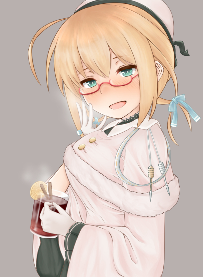 1girl blonde_hair blue_eyes blush breasts breath capelet dress glass glasses gloves hat i-8_(kantai_collection) kantai_collection large_breasts long_sleeves low_twintails open_mouth peaked_cap red-framed_eyewear riki_(905060) sailor_hat semi-rimless_eyewear solo tea twintails white_gloves wide_sleeves