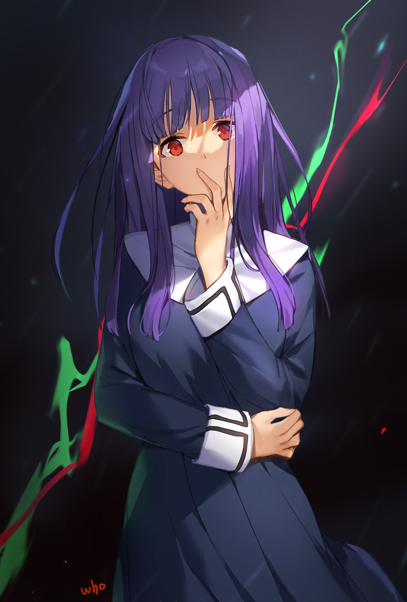 1girl artist_name asagami_fujino bangs black_background black_dress blunt_bangs dress eyebrows_visible_through_hair hand_on_own_face head_tilt kara_no_kyoukai light long_hair long_sleeves looking_at_viewer purple_hair red_eyes shaded_face sidelocks solo upper_body whoisshe