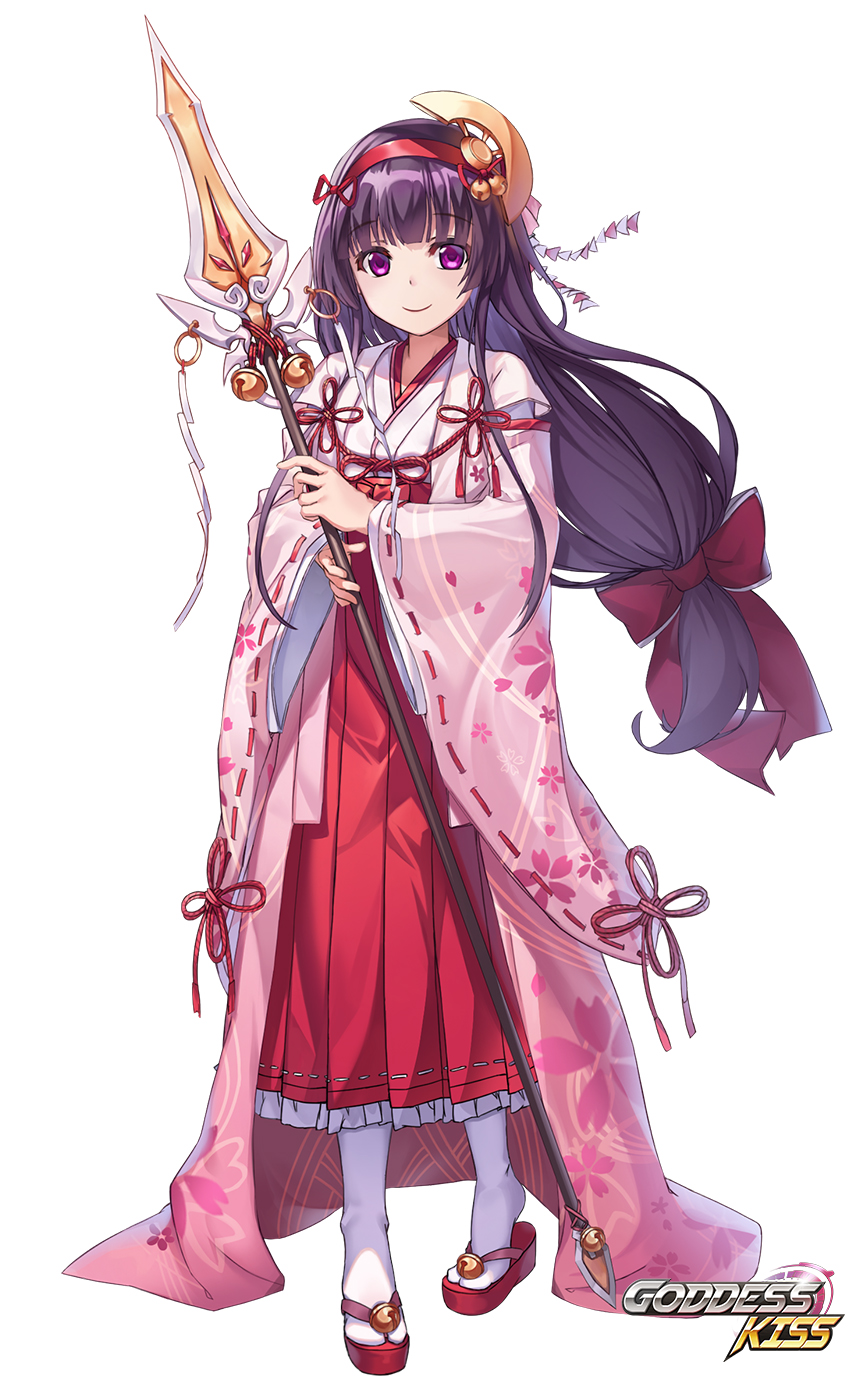 1girl bangs blunt_bangs closed_mouth copyright_name full_body goddess_kiss hair_ornament hair_ribbon hairband hakama highres holding holding_weapon japanese_clothes long_hair long_sleeves looking_at_viewer low-tied_long_hair milyu pigeon-toed platform_footwear polearm purple_hair red_footwear red_hakama red_ribbon ribbon sandals simple_background smile solo spear standing tabi thigh-highs violet_eyes watermark weapon white_background white_legwear wide_sleeves