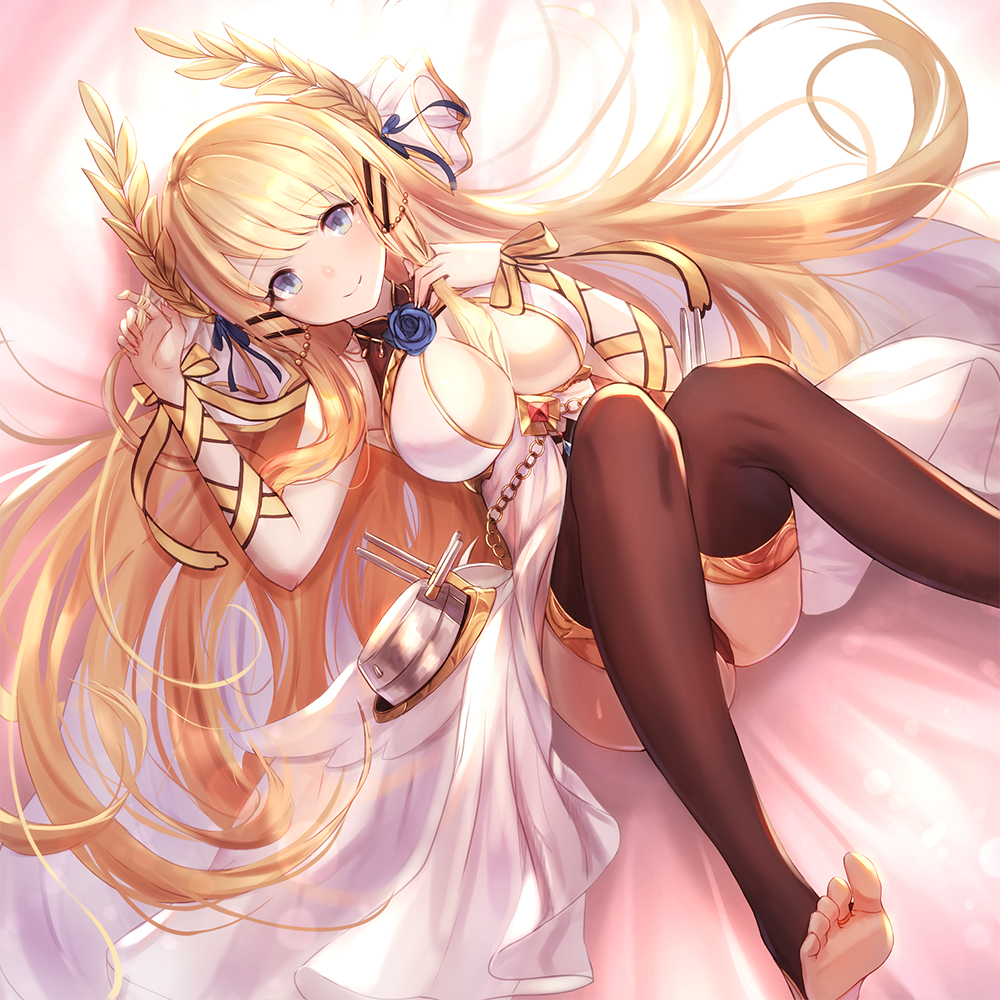 armpits azur_lane bent_knees black_legwear black_panties blonde_hair blue_eyes blue_flower blue_rose blush breasts chains cleavage closed_mouth commentary_request dolce_(dolsuke) dress eyebrows_visible_through_hair fingernails floating_hair flower hair_between_breasts hair_ribbon hands_up invisible_chair jewelry large_breasts laurel_crown long_hair no_shoes panties pantyshot pantyshot_(sitting) playing_with_own_hair ribbon rigging rose sitting sleeveless sleeveless_dress smile thigh-highs toeless_legwear turret underwear veil very_long_hair victorious_(azur_lane) wrist_ribbon