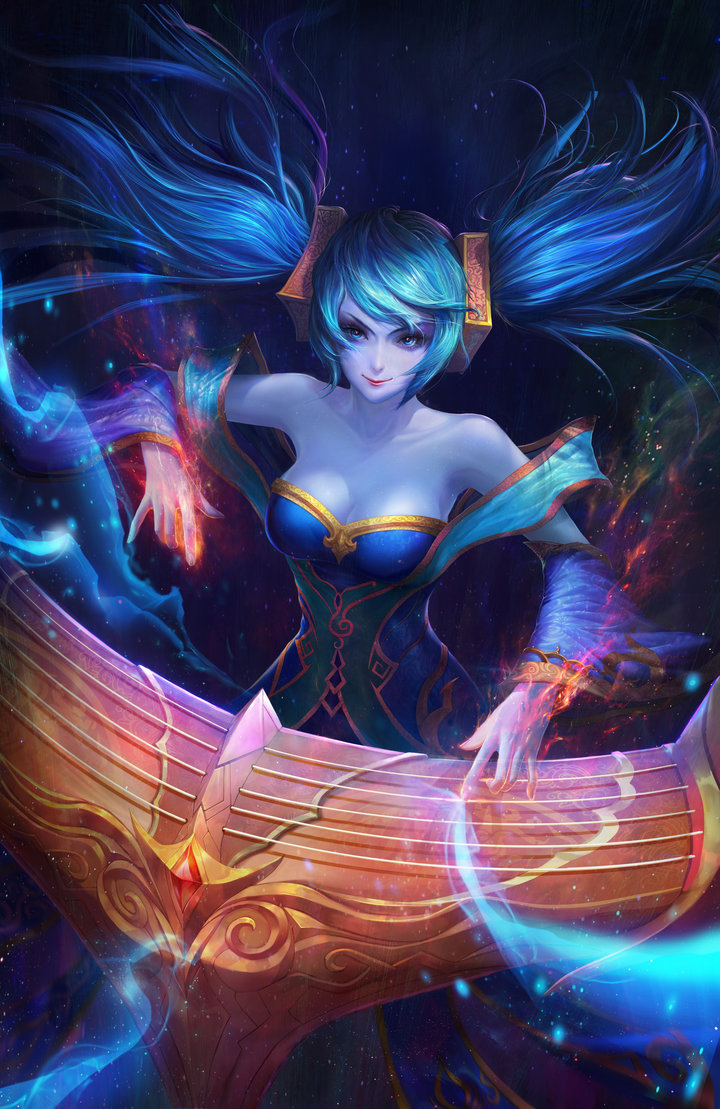 blush green_eyes green_hair long_hair sona_(league_of_legends)