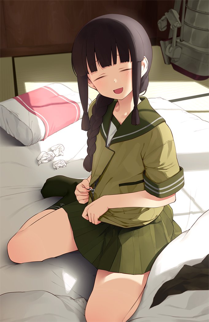 1girl :d ^_^ ^o^ anchor_symbol bangs black_hair blanket blunt_bangs blush braid closed_eyes day facing_viewer futon green_jacket green_sailor_collar hair_over_shoulder indoors jacket kantai_collection kitakami_(kantai_collection) lunch_(lunch3) miniskirt no_shoes on_bed open_mouth pillow pocket rigging sailor_collar short_sleeves sidelocks single_braid sitting skirt smile solo sunlight tatami undressing unzipping used_tissue wariza zipper