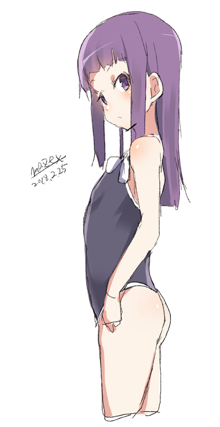 1girl ass bangs bare_arms bare_shoulders black_swimsuit blush closed_mouth cowboy_shot dated eyebrows_visible_through_hair long_hair looking_at_viewer looking_to_the_side maze_(gochama_ze_gohan) one-piece_swimsuit original purple_hair signature simple_background sketch solo swimsuit violet_eyes white_background