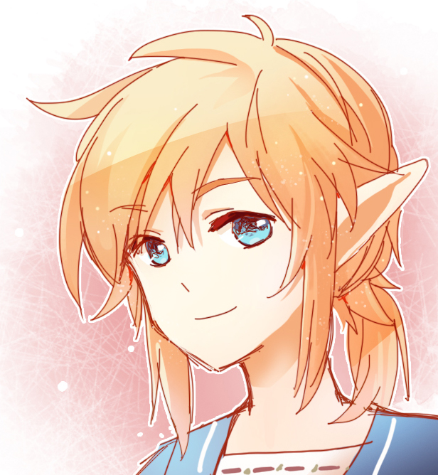 1boy bangs blonde_hair blue_eyes closed_mouth commentary_request eyebrows_visible_through_hair hair_between_eyes link looking_at_viewer male_focus pink_background portrait shangguan_feiying smile solo the_legend_of_zelda upper_body