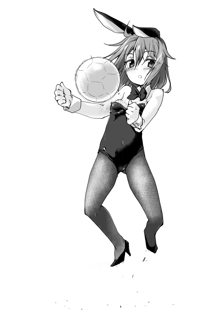 1girl :o ahoge animal_ears ball bangs bare_shoulders bouncing_breasts bow bowtie breasts bunny_tail bunnysuit cleavage covered_navel detached_collar eyebrows_visible_through_hair full_body gluteal_fold greyscale high_heels idolmaster idolmaster_cinderella_girls isshitaira leaning_back leotard looking_at_viewer monochrome open_mouth pantyhose rabbit_ears short_hair simple_background small_breasts soccer soccer_ball solo strapless strapless_leotard tail white_background wrist_cuffs yuuki_haru