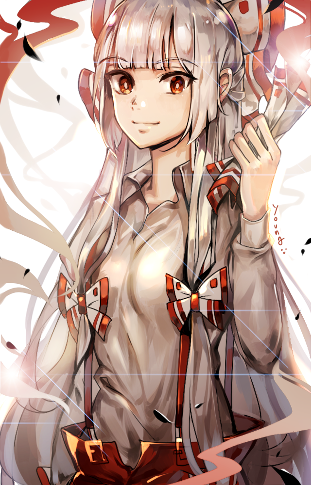 1girl baggy_pants bangs bow collared_shirt eyebrows_visible_through_hair fujiwara_no_mokou hair_bow hand_up long_hair long_sleeves looking_at_viewer multicolored_bow pants red_bow red_eyes red_pants shirt silver_hair smile smiley_face solo suspenders touhou unity_(ekvmsp02) very_long_hair white_bow white_shirt