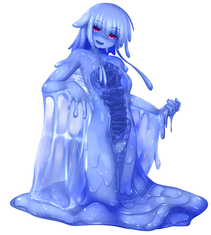 1girl :d blue_hair blue_sclera blue_skin eyebrows_visible_through_hair full_body goo_girl looking_at_viewer melting monster_girl nude open_mouth original red_eyes rethnick shaded_face simple_background smile solo tentacle_hair wet white_background