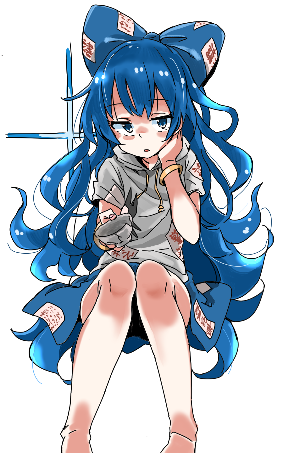 1girl bangle bare_legs barefoot blue_bow blue_eyes blue_hair blue_skirt bow bracelet cup debt drawstring expressionless eyebrows_visible_through_hair feet_out_of_frame grey_shirt hair_bow hand_on_own_chest highres holding holding_cup jewelry large_bow long_hair looking_at_viewer parted_lips sanpaku shaded_face shiny shiny_hair shirt short_sleeves simple_background skirt solo stuffed_animal stuffed_toy touhou very_long_hair wavy_mouth white_background yorigami_shion zk_(zk_gundan)
